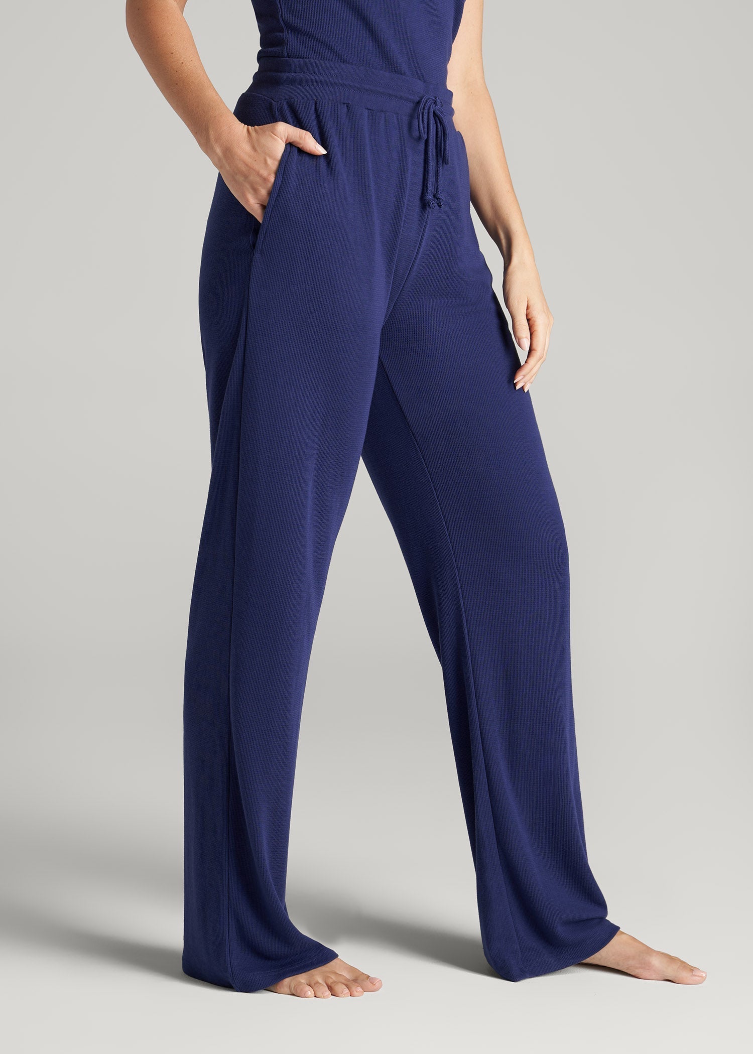 American Tall Online Shop | Open-Bottom Waffle Lounge Pants for Tall Women in Midnight Blue