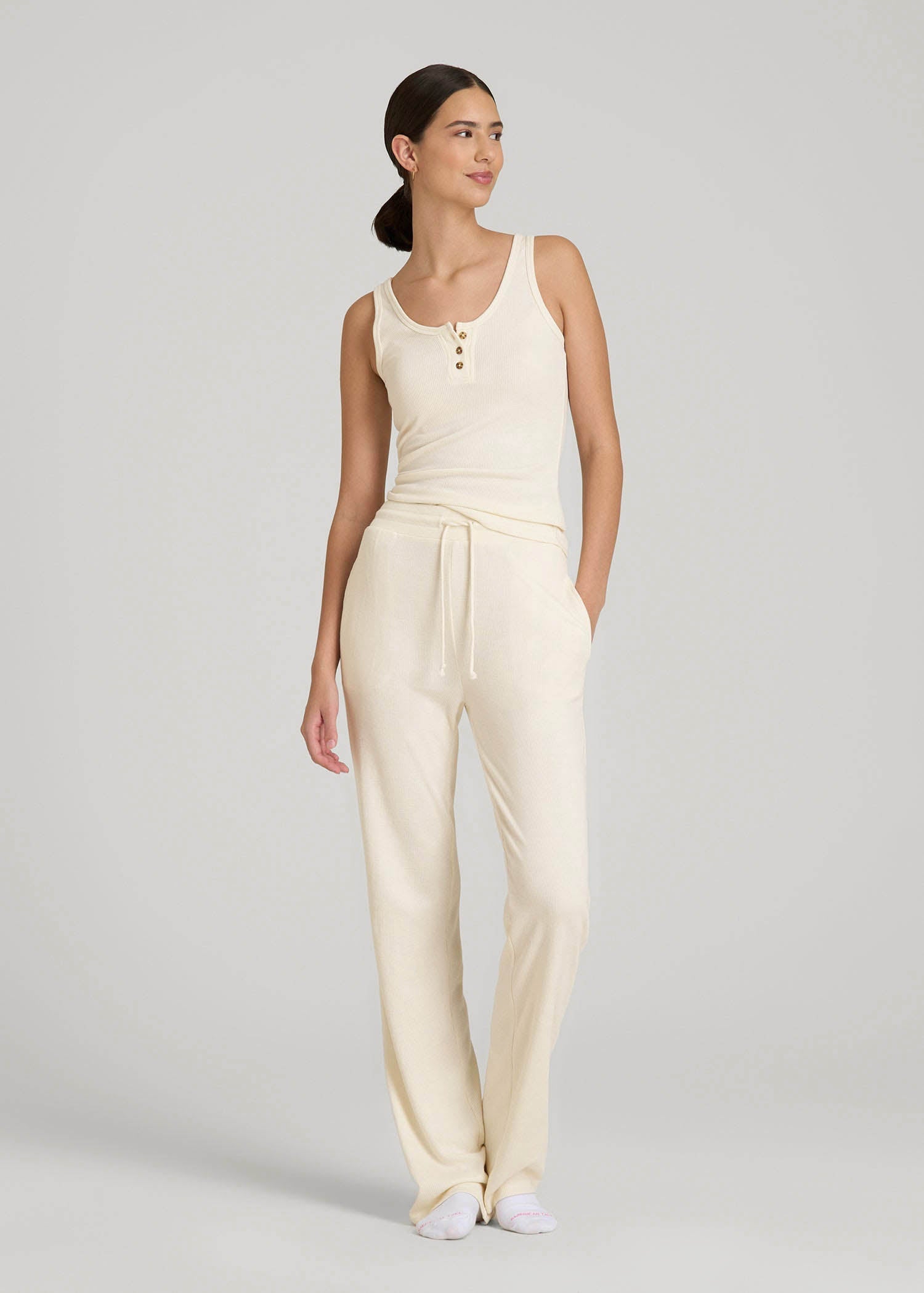 American Tall Online | Open-Bottom Waffle Lounge Pants for Tall Women in White Alyssum