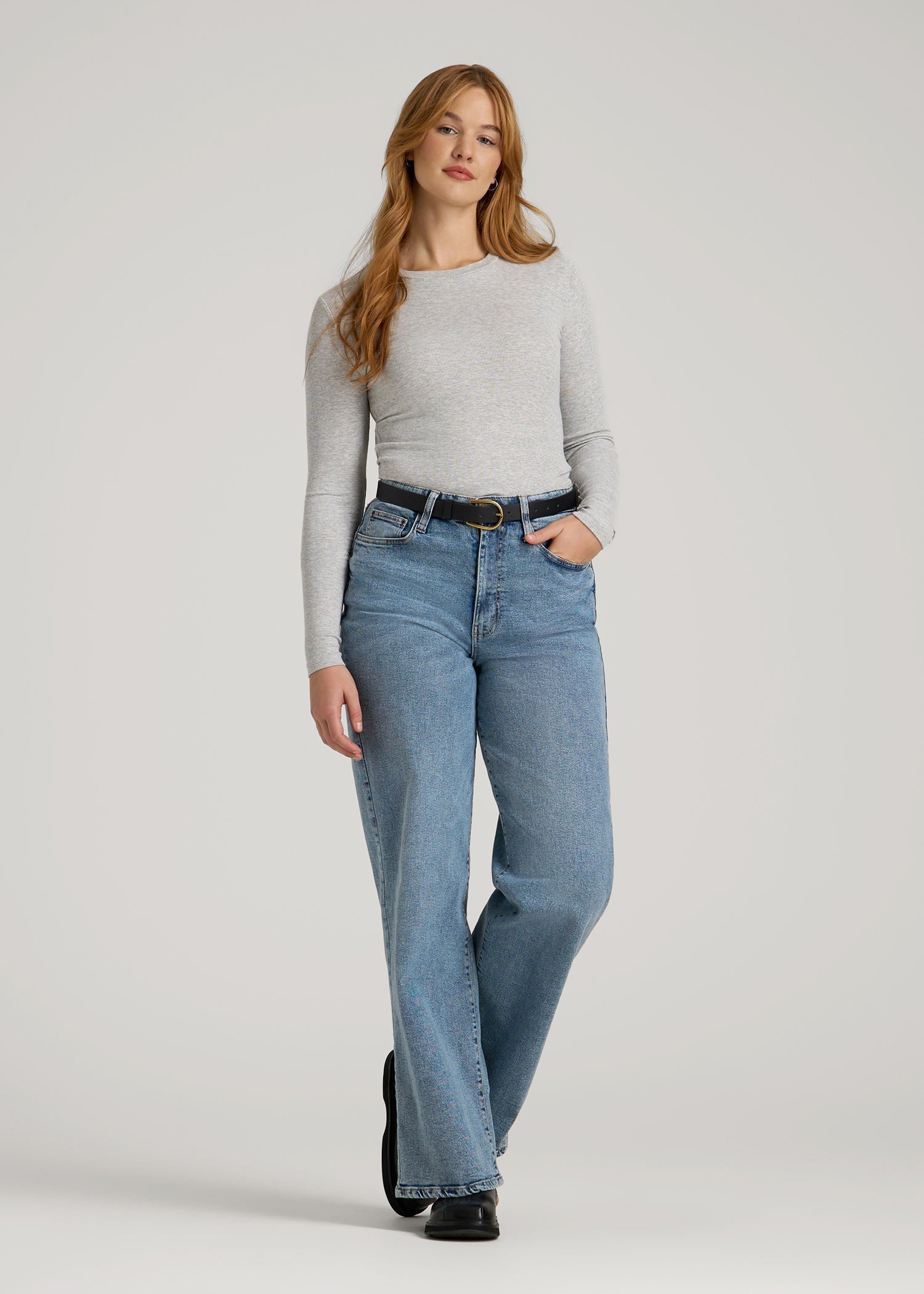 American Tall For Sale | FITTED Ribbed Long Sleeve Tee for Tall Women in Grey Mix