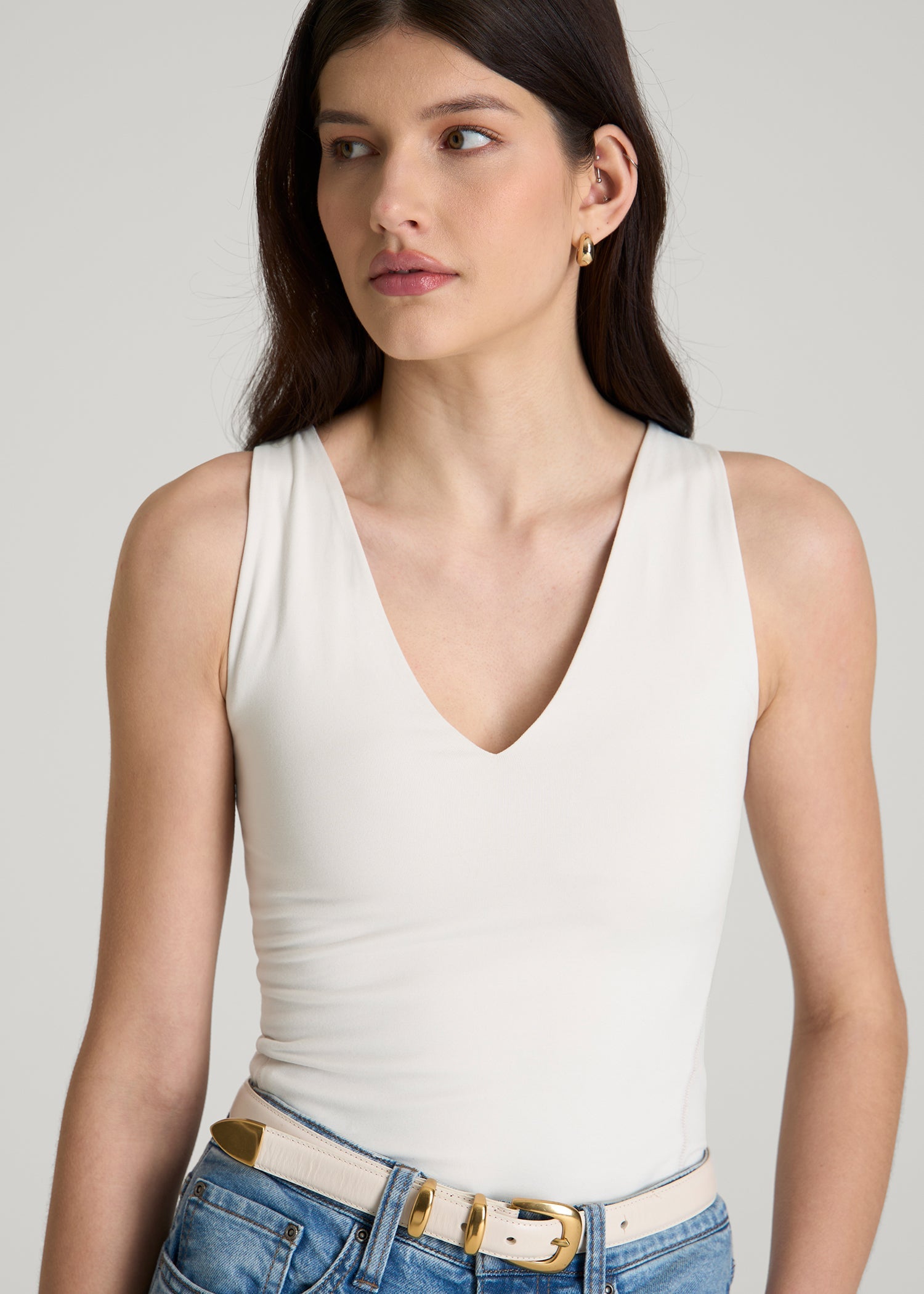 American Tall Online | Cotton Blend Sleeveless V-Neck Bodysuit for Tall Women in White Sand
