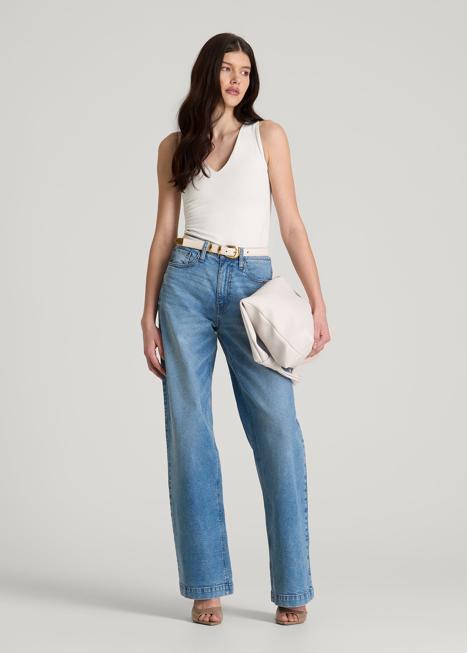 American Tall Online | Cotton Blend Sleeveless V-Neck Bodysuit for Tall Women in White Sand