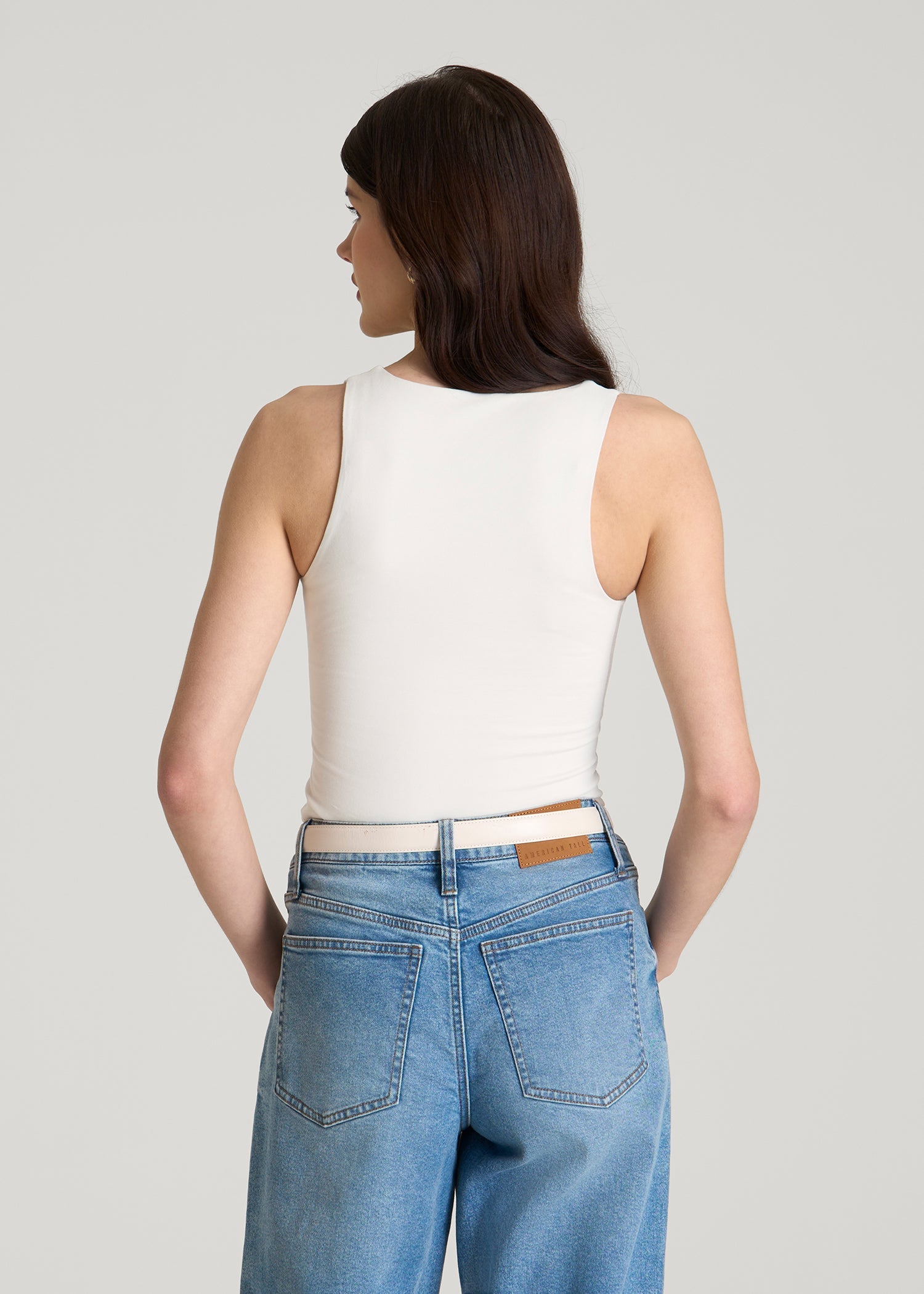 American Tall Online | Cotton Blend Sleeveless V-Neck Bodysuit for Tall Women in White Sand