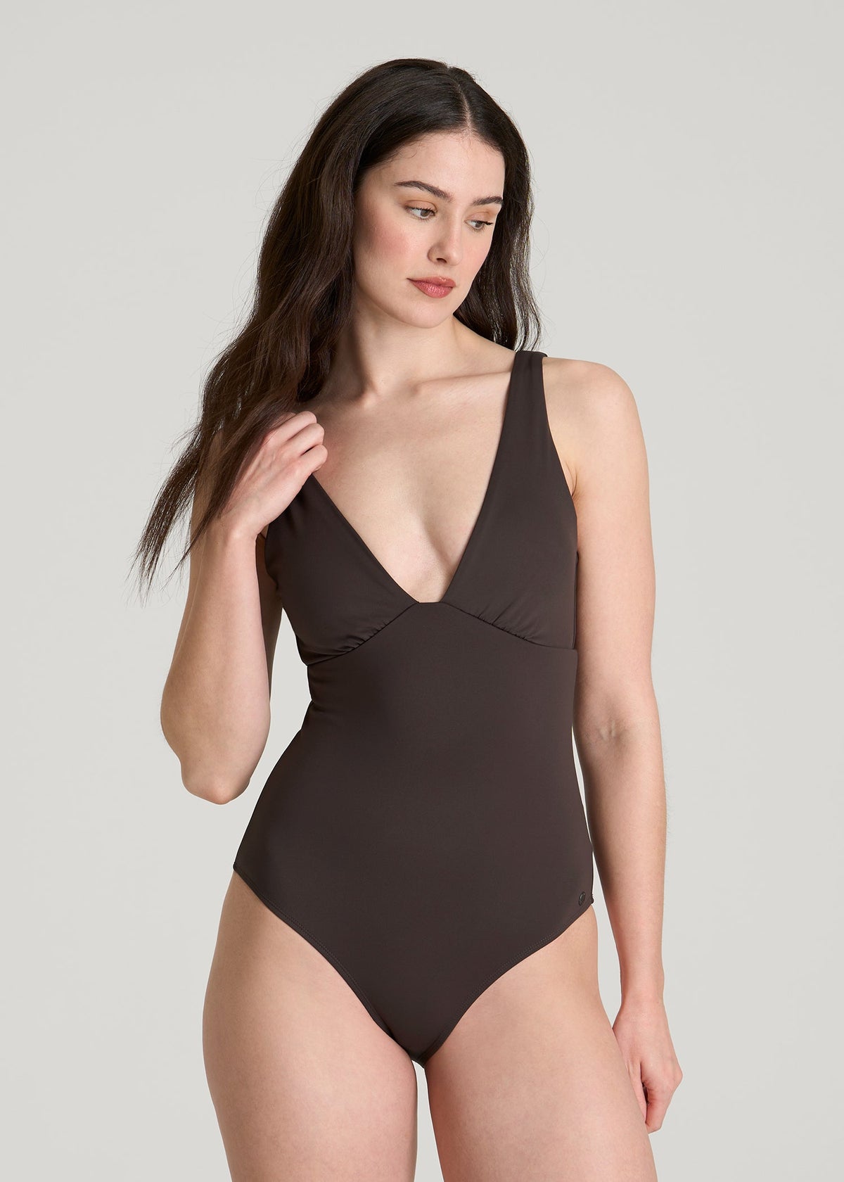 American Tall Sale | Classic V-Neck One Piece Swimsuit for Tall Women in Espresso