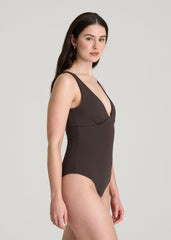 American Tall Sale | Classic V-Neck One Piece Swimsuit for Tall Women in Espresso