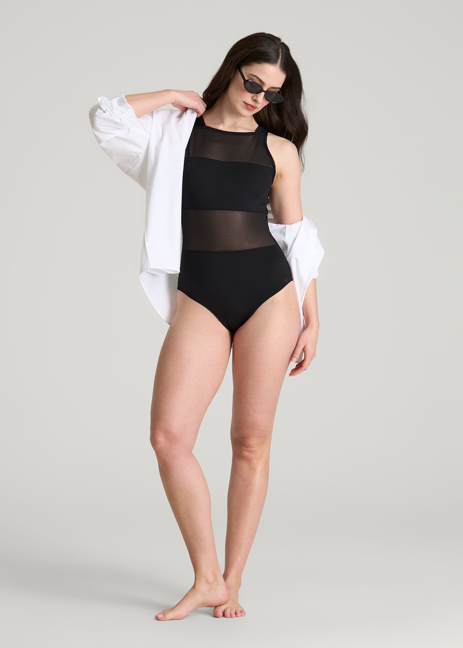 American Tall For Sale | High Neck Mesh One Piece Swimsuit for Tall Women in Deep Black