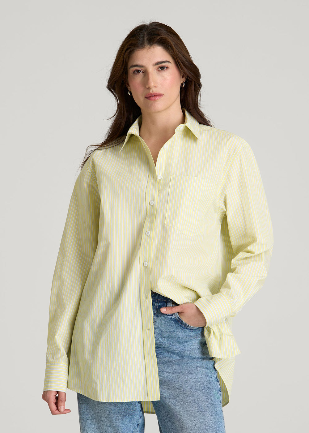 American Tall Online | Oversized Poplin Button Shirt for Tall Women in Lemon Drop Stripe