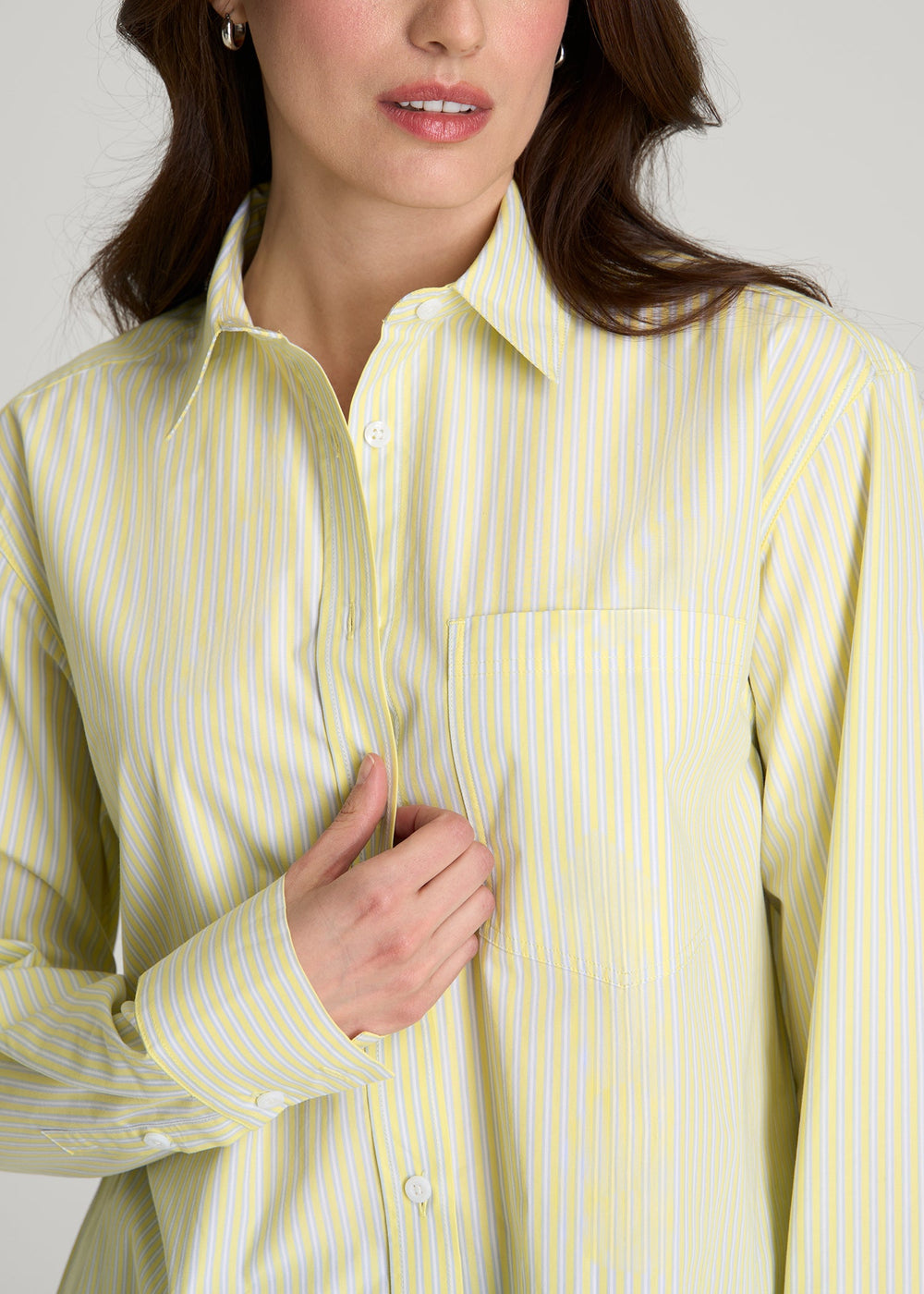 American Tall Online | Oversized Poplin Button Shirt for Tall Women in Lemon Drop Stripe