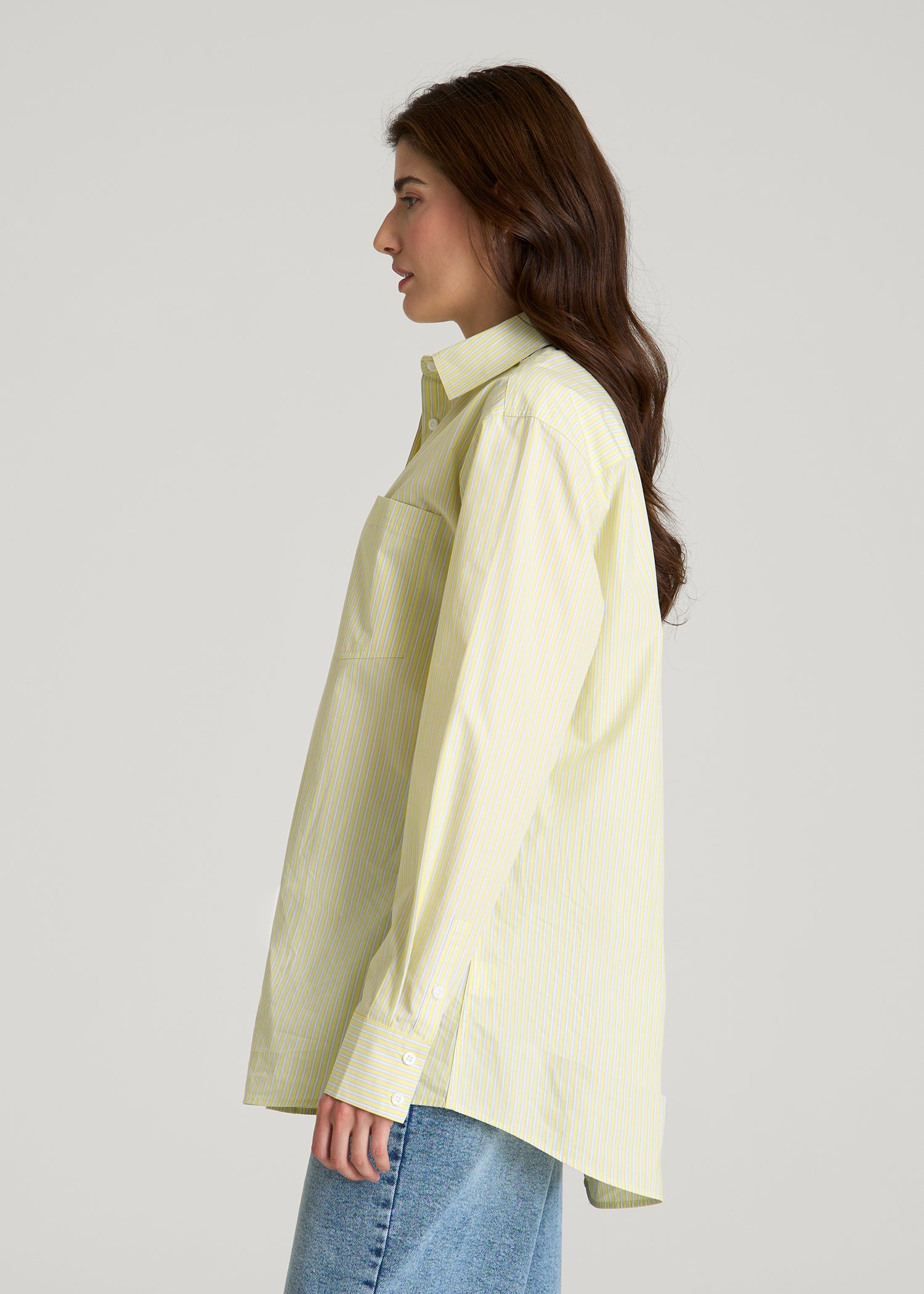 American Tall Online | Oversized Poplin Button Shirt for Tall Women in Lemon Drop Stripe