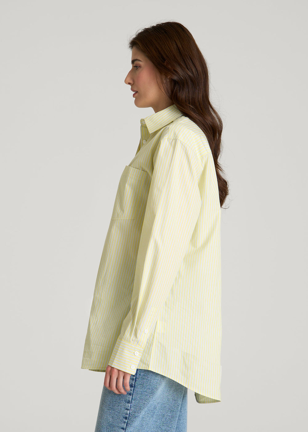 American Tall Online | Oversized Poplin Button Shirt for Tall Women in Lemon Drop Stripe