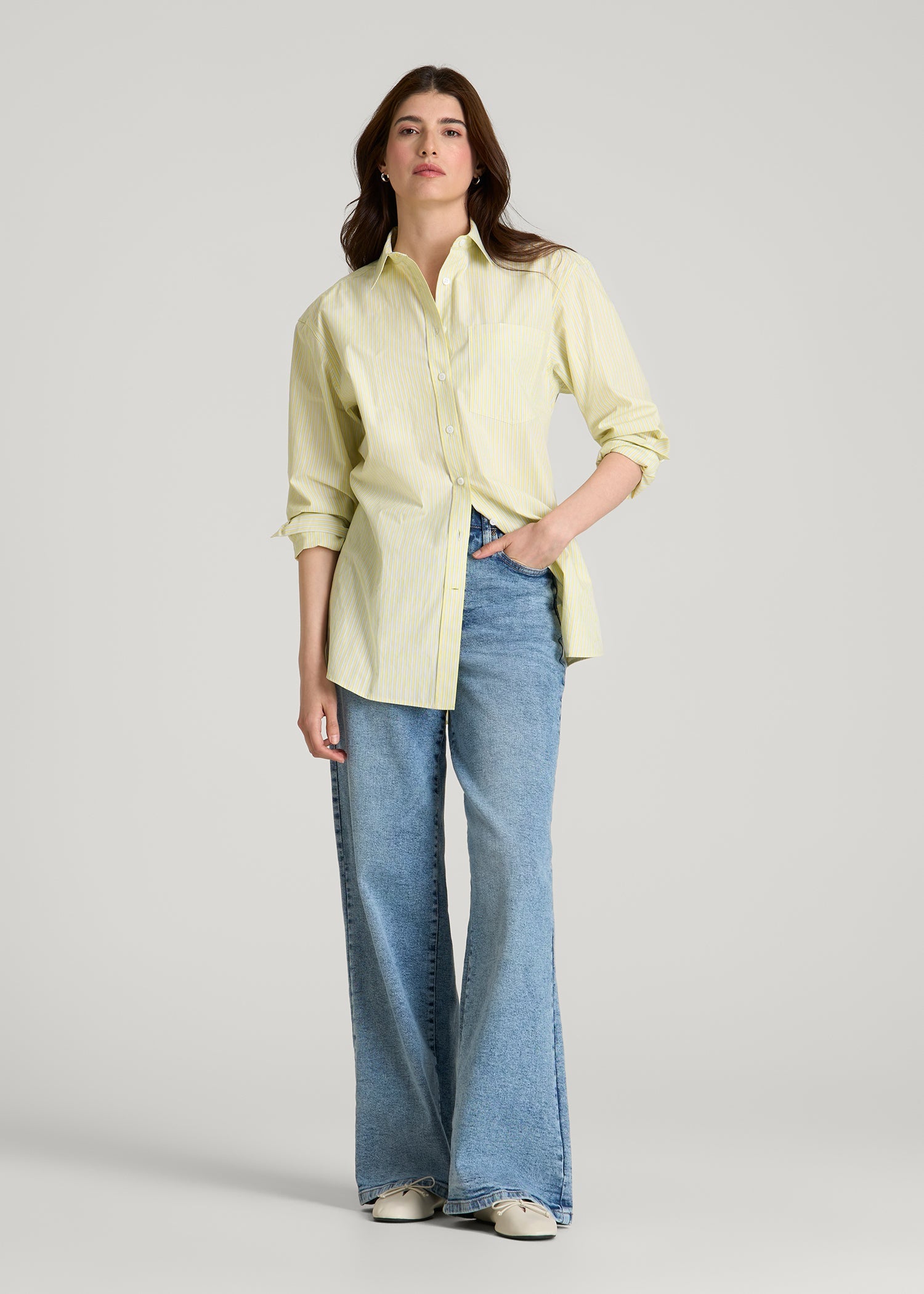 American Tall Online | Oversized Poplin Button Shirt for Tall Women in Lemon Drop Stripe