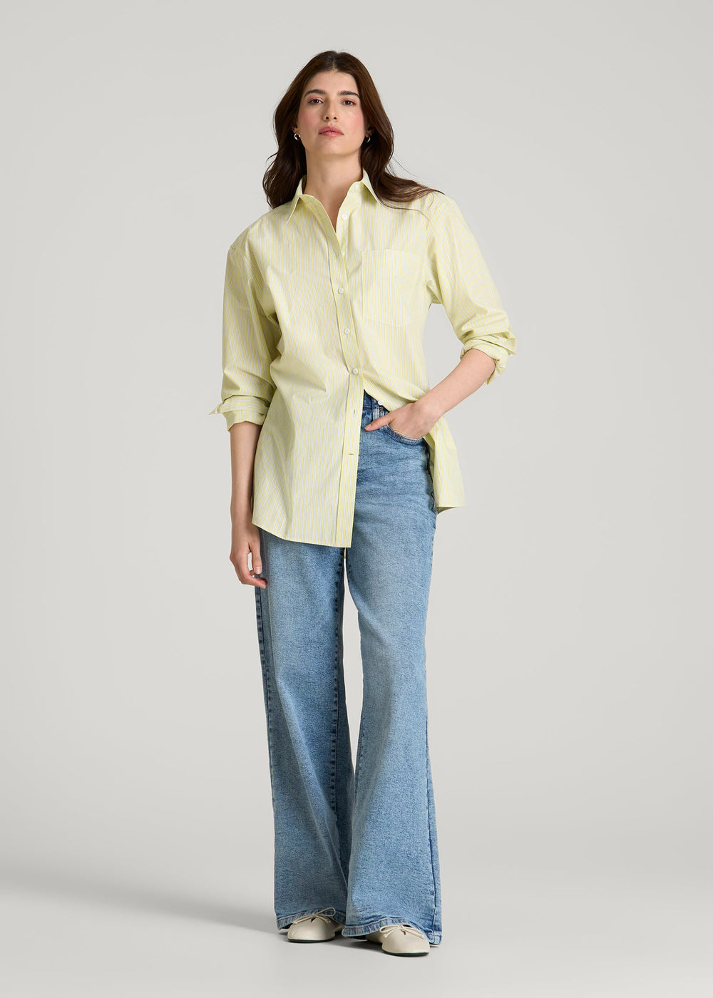 American Tall Online | Oversized Poplin Button Shirt for Tall Women in Lemon Drop Stripe