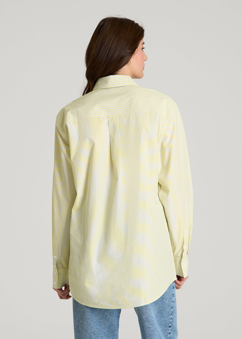 American Tall Online | Oversized Poplin Button Shirt for Tall Women in Lemon Drop Stripe