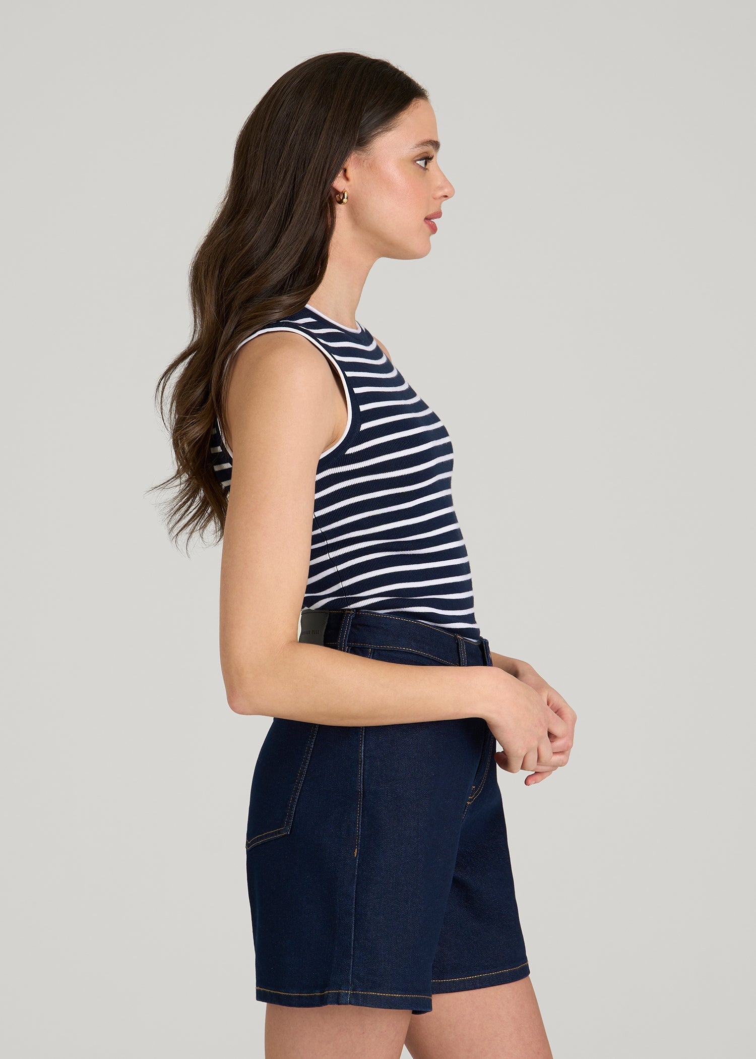 American Tall Sale | Sleeveless Knit Top for Tall Women in Bold Navy Stripe