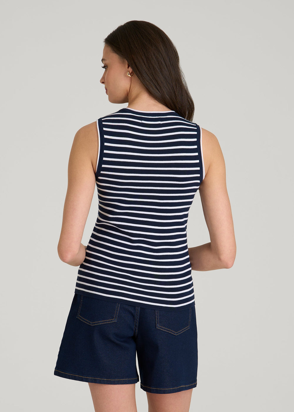 American Tall Sale | Sleeveless Knit Top for Tall Women in Bold Navy Stripe