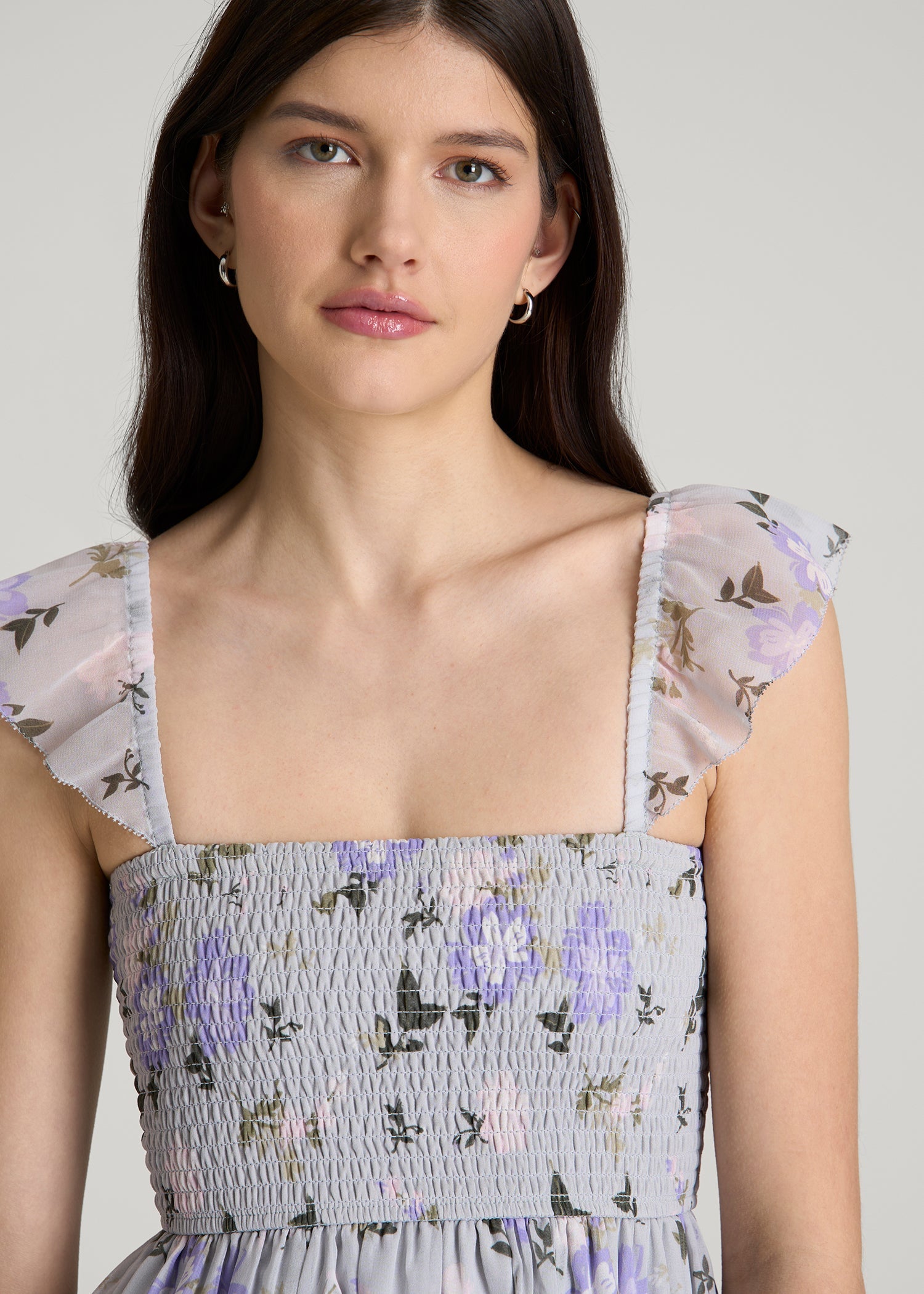 American Tall Outlet | Chiffon Mini Gumdrop Dress for Tall Women in Grey and Lilac Floral