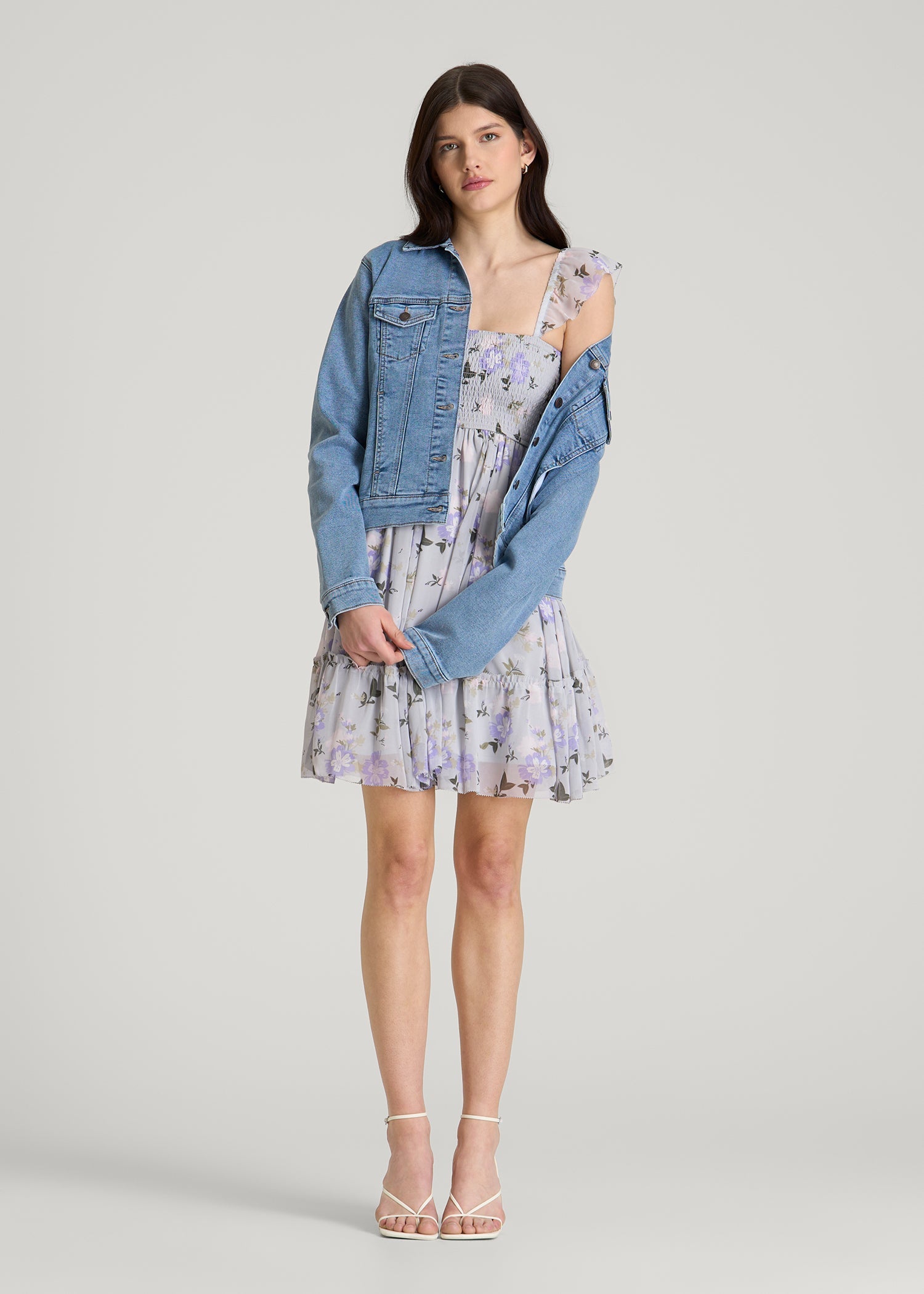 American Tall Outlet | Chiffon Mini Gumdrop Dress for Tall Women in Grey and Lilac Floral