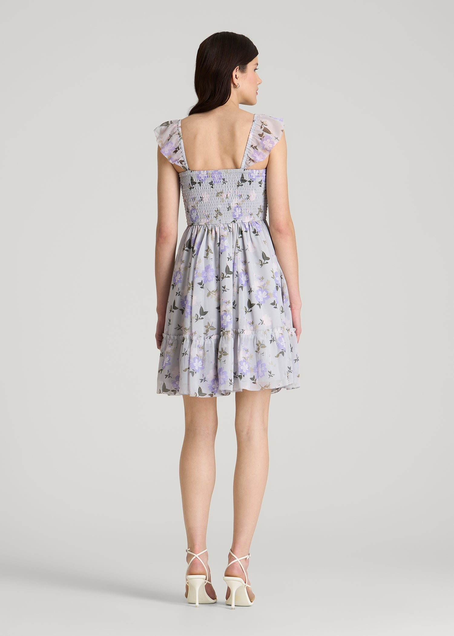 American Tall Outlet | Chiffon Mini Gumdrop Dress for Tall Women in Grey and Lilac Floral
