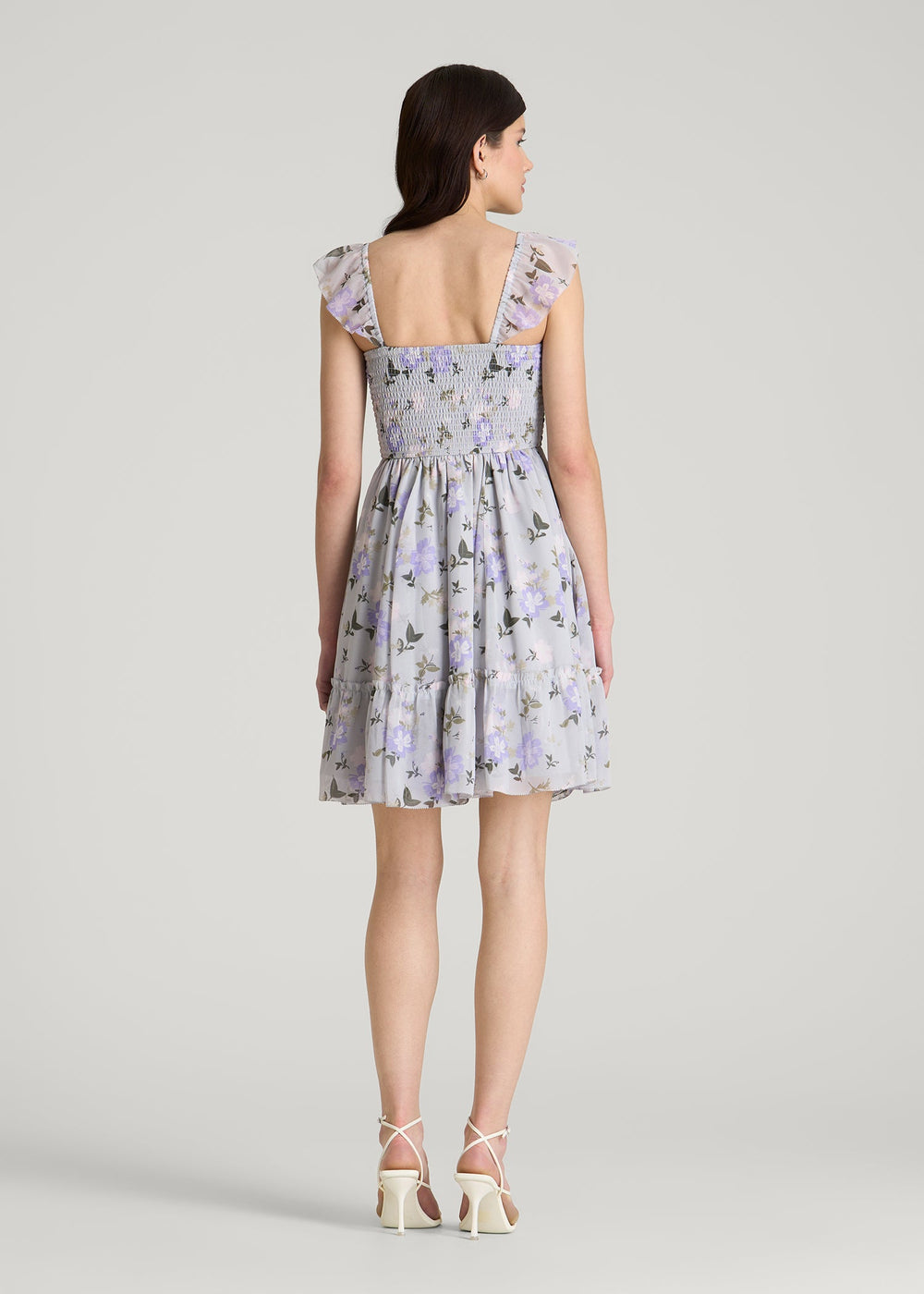 American Tall Outlet | Chiffon Mini Gumdrop Dress for Tall Women in Grey and Lilac Floral