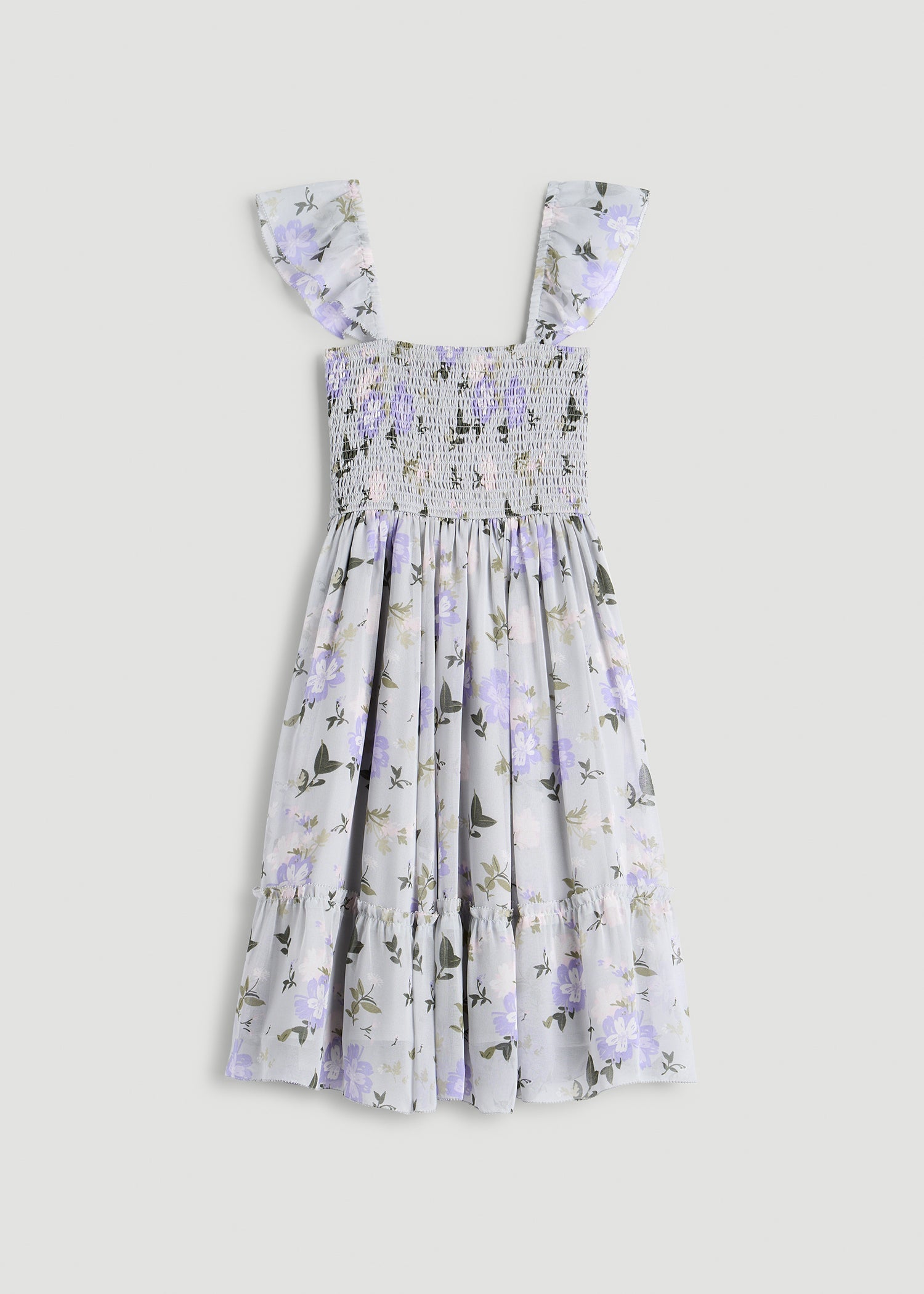 American Tall Outlet | Chiffon Mini Gumdrop Dress for Tall Women in Grey and Lilac Floral