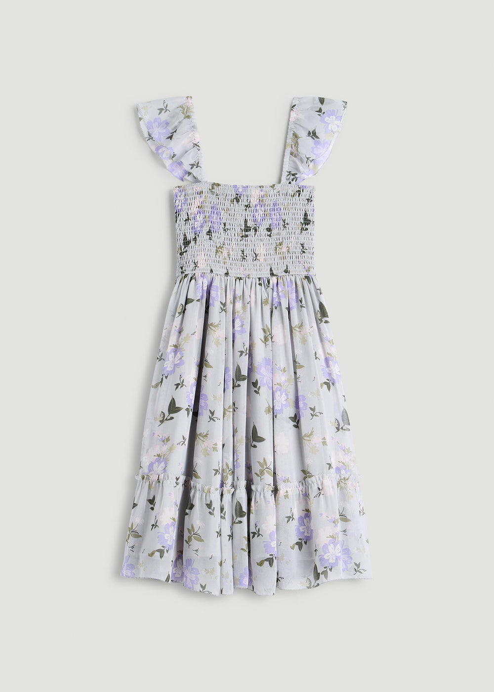 American Tall Outlet | Chiffon Mini Gumdrop Dress for Tall Women in Grey and Lilac Floral