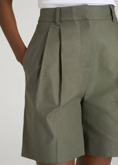 American Tall Discount | Stretch Cotton Linen Blend Pleated Shorts for Tall Women in Olive