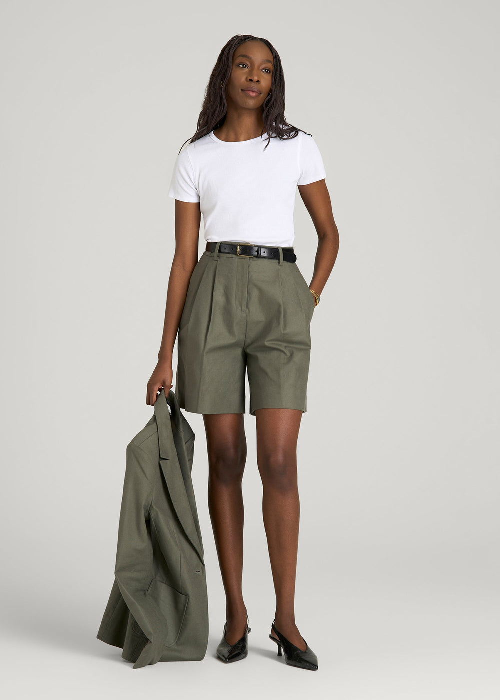 American Tall Discount | Stretch Cotton Linen Blend Pleated Shorts for Tall Women in Olive