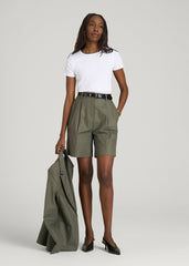 American Tall Discount | Stretch Cotton Linen Blend Pleated Shorts for Tall Women in Olive