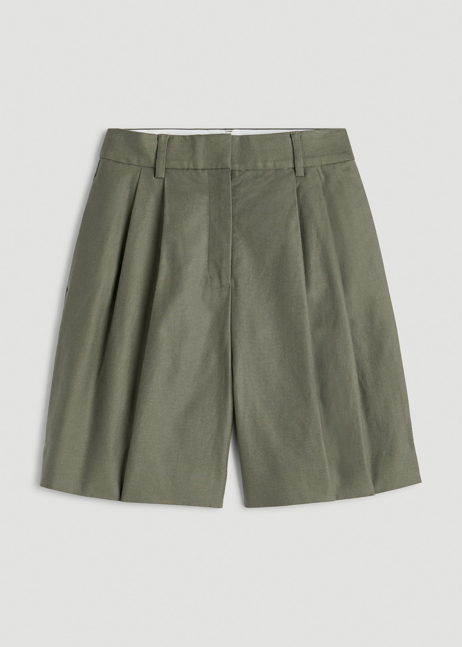 American Tall Discount | Stretch Cotton Linen Blend Pleated Shorts for Tall Women in Olive