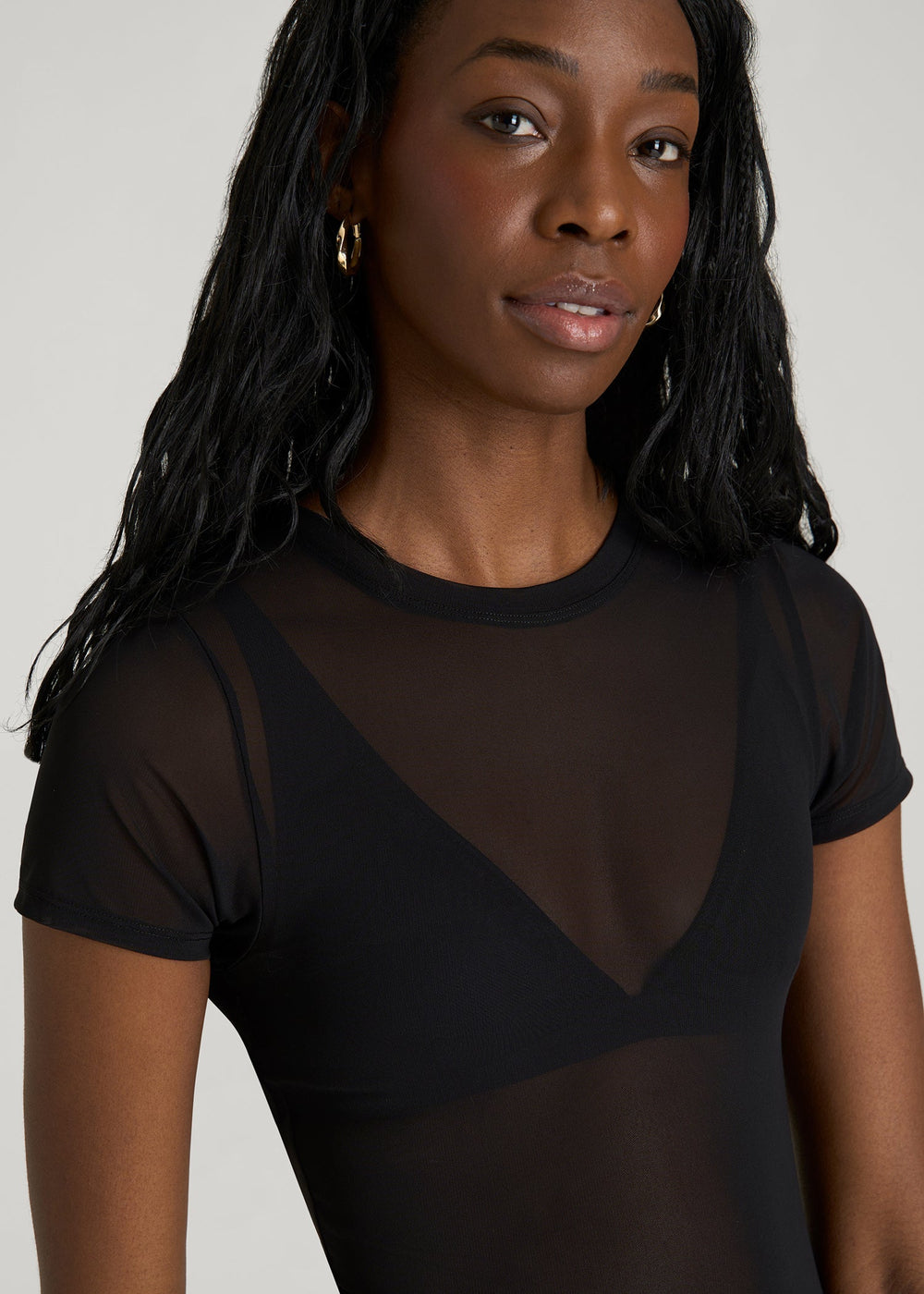 American Tall Online | Power Mesh Fitted Short Sleeve Mini Dress for Tall Women in Deep Black