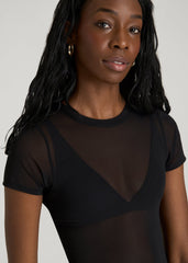 American Tall Online | Power Mesh Fitted Short Sleeve Mini Dress for Tall Women in Deep Black