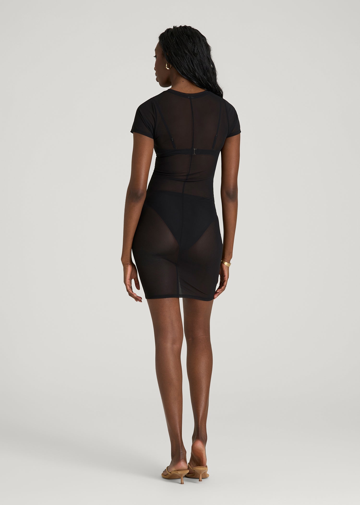 American Tall Online | Power Mesh Fitted Short Sleeve Mini Dress for Tall Women in Deep Black