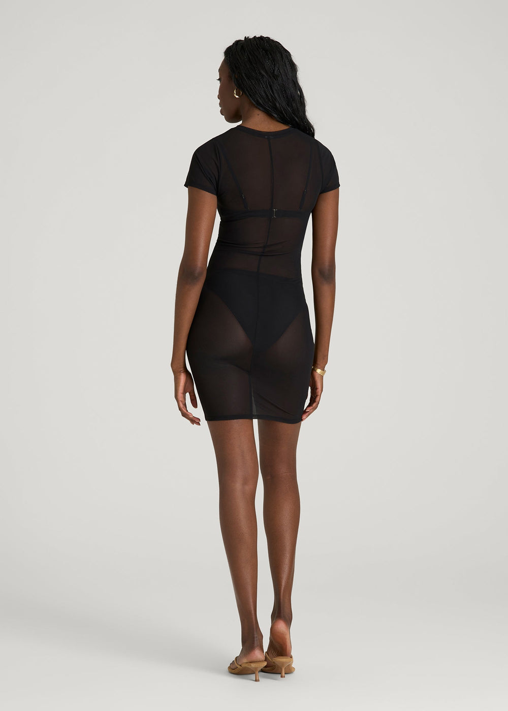 American Tall Online | Power Mesh Fitted Short Sleeve Mini Dress for Tall Women in Deep Black
