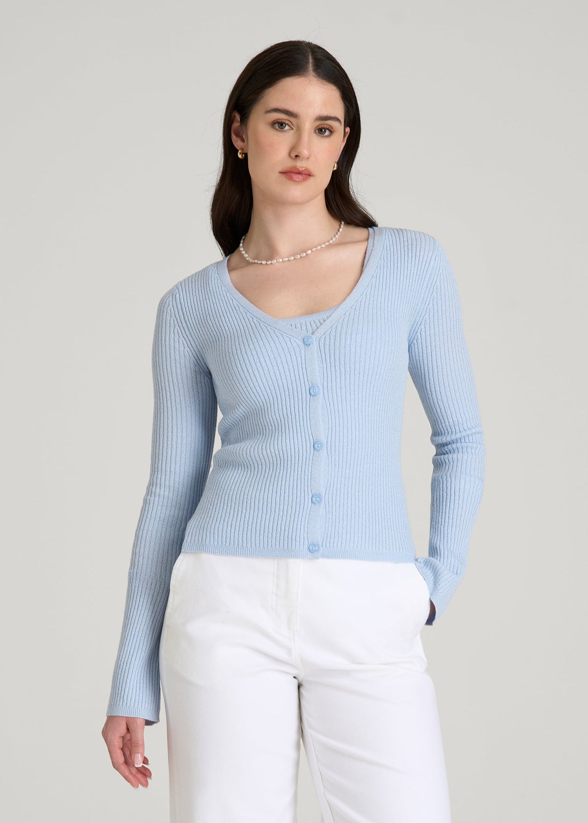 American Tall Sale | Boucle Knit Cardigan for Tall Women in Ice Blue
