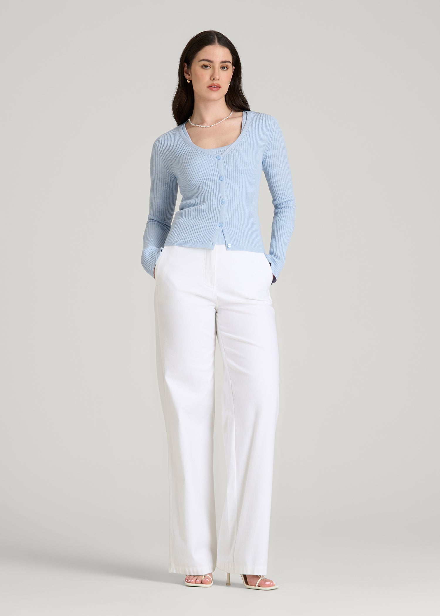 American Tall Sale | Boucle Knit Cardigan for Tall Women in Ice Blue