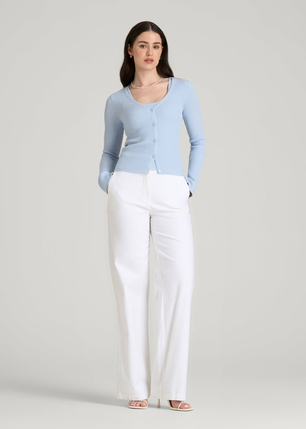 American Tall Sale | Boucle Knit Cardigan for Tall Women in Ice Blue