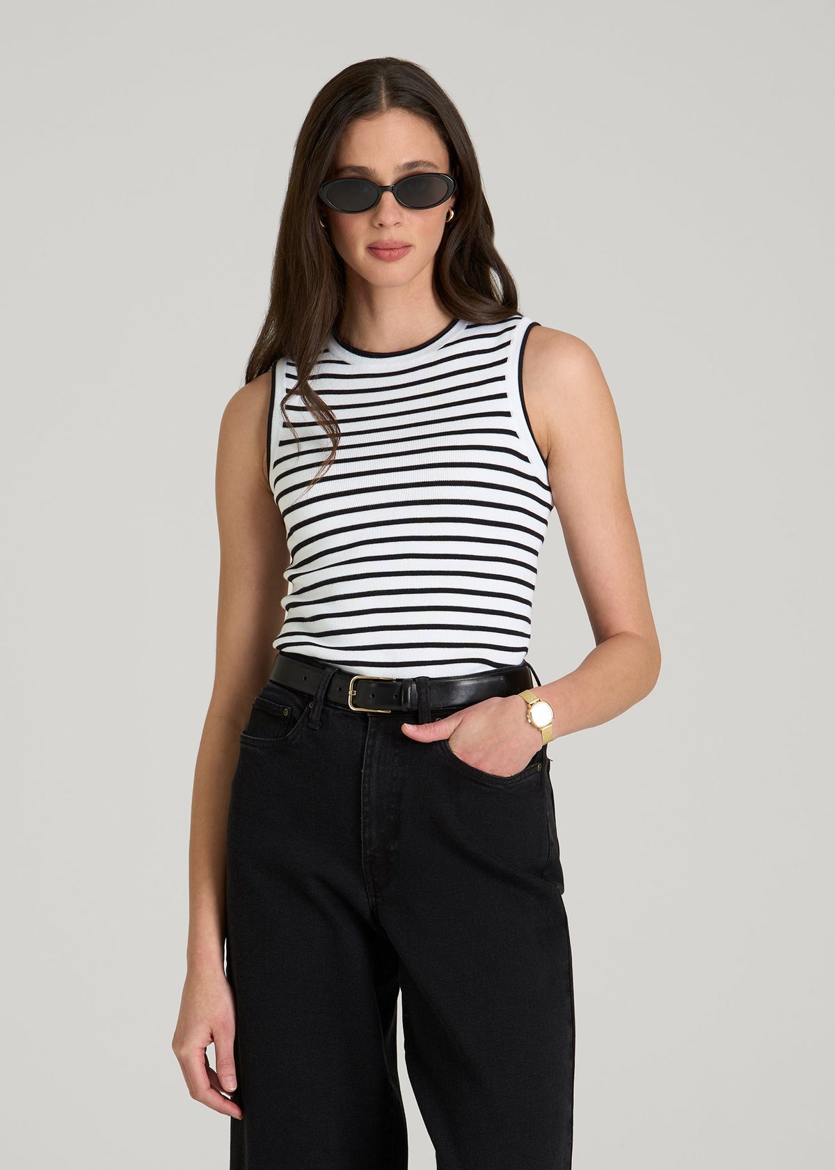 American Tall Online Shop | Sleeveless Knit Top for Tall Women in Bold Black Stripe