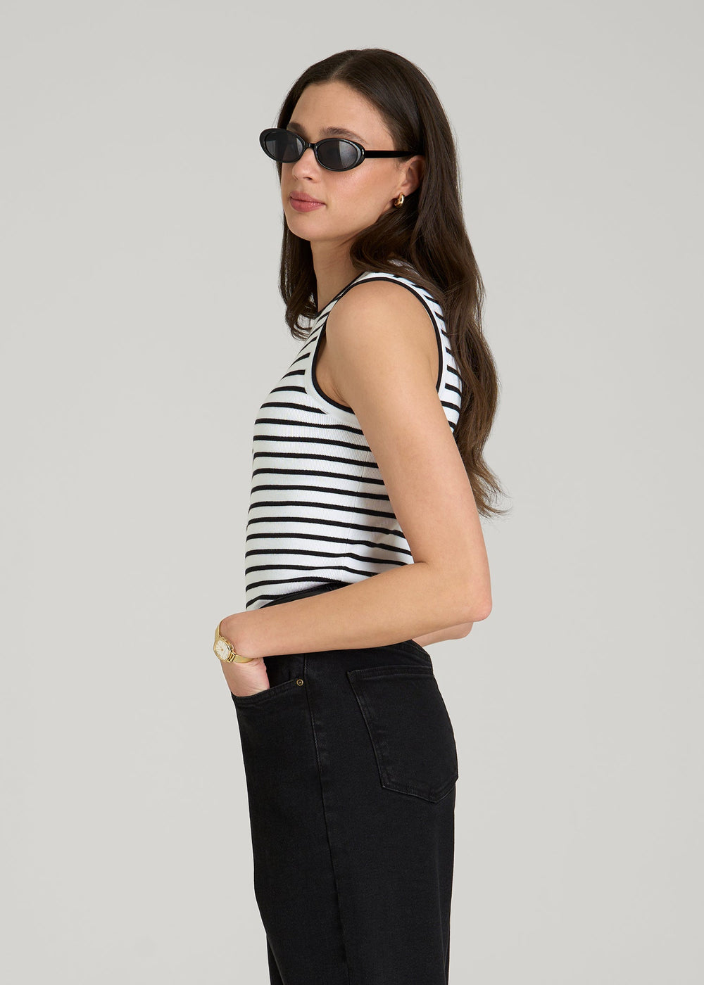 American Tall Online Shop | Sleeveless Knit Top for Tall Women in Bold Black Stripe
