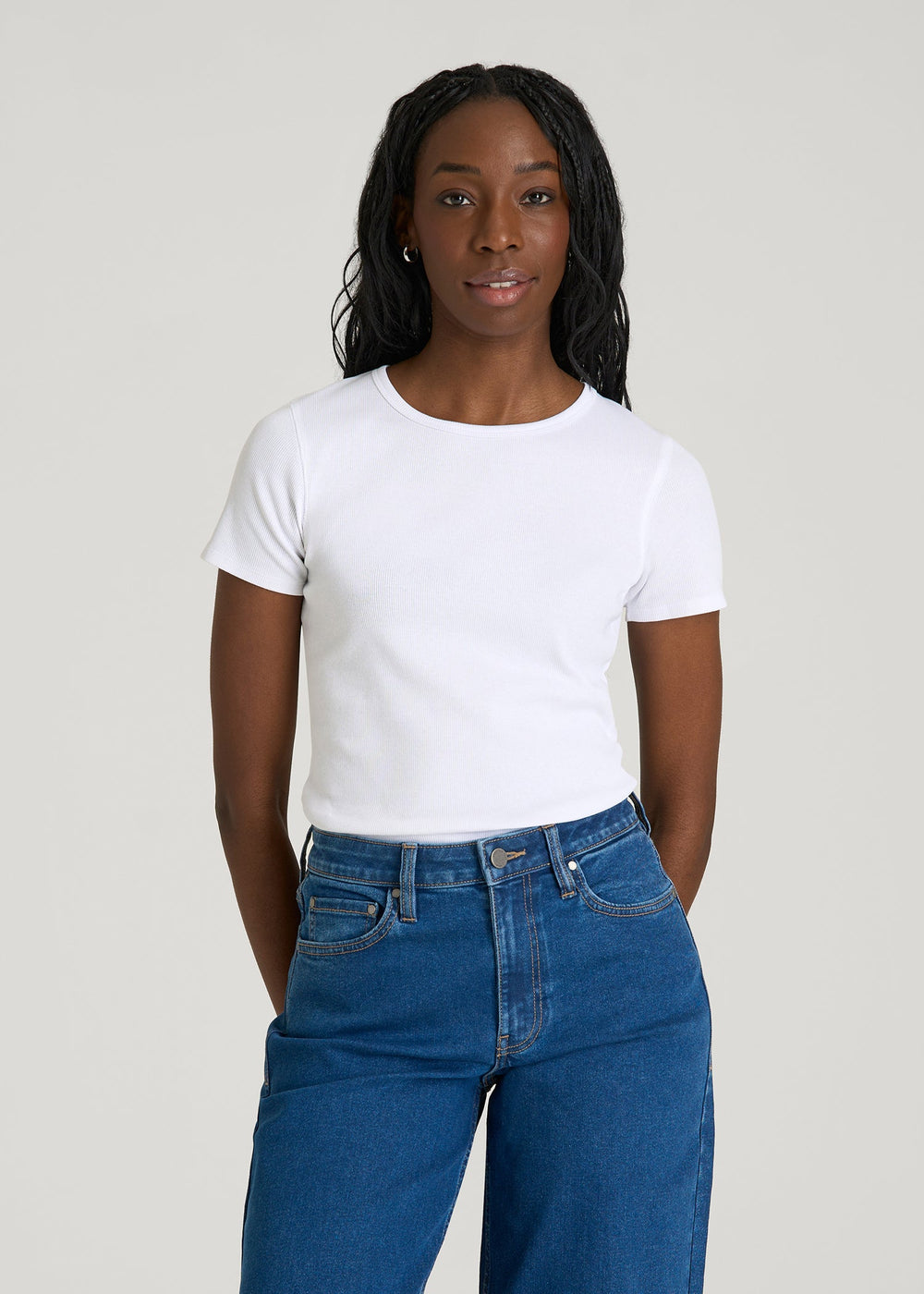 American Tall Discount | Short Sleeve Ribbed Crewneck T-Shirt for Tall Women in Optic White