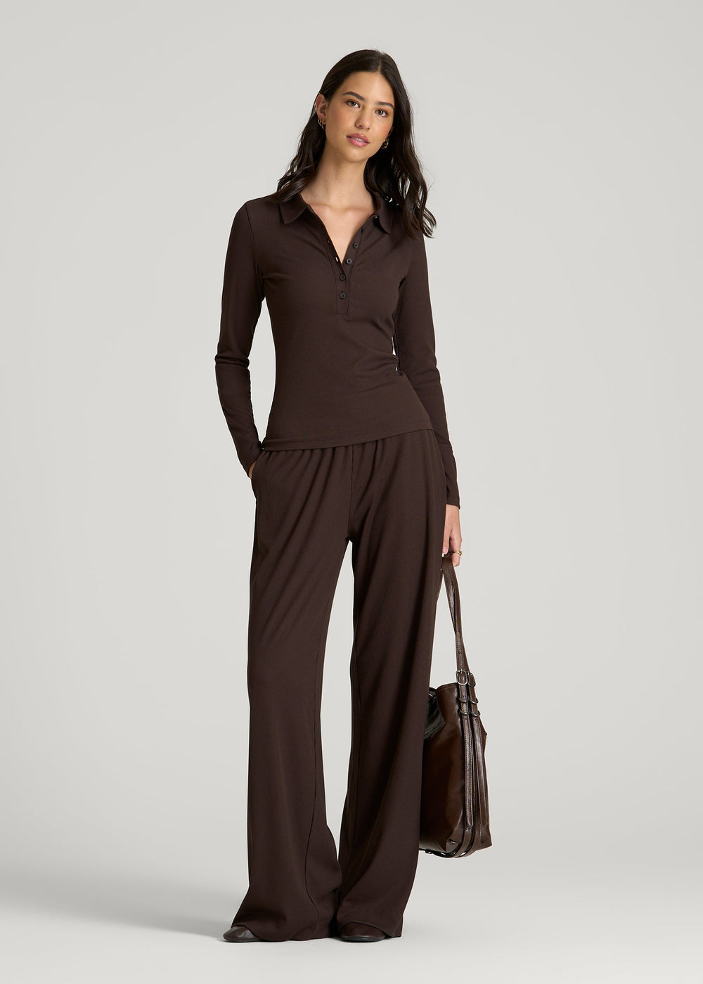 American Tall Outlet | Ribbed Knit Long Sleeve Polo for Tall Women in Espresso