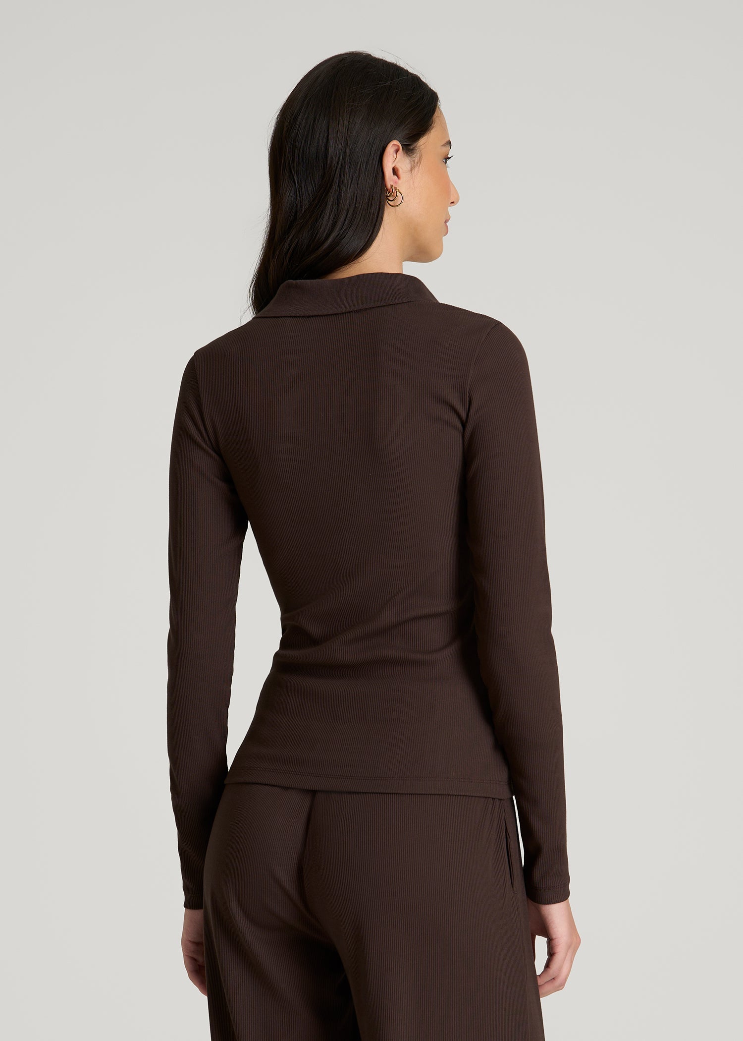 American Tall Outlet | Ribbed Knit Long Sleeve Polo for Tall Women in Espresso