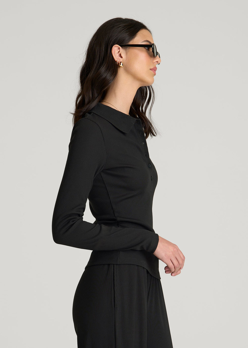 American Tall For Sale | Ribbed Knit Long Sleeve Polo for Tall Women in Deep Black