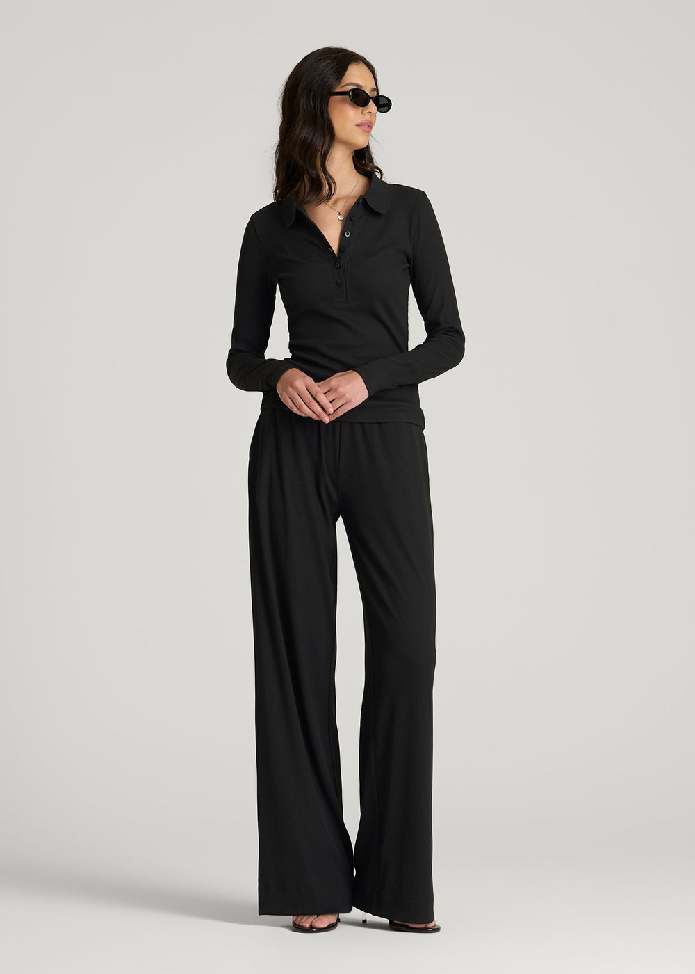 American Tall For Sale | Ribbed Knit Long Sleeve Polo for Tall Women in Deep Black