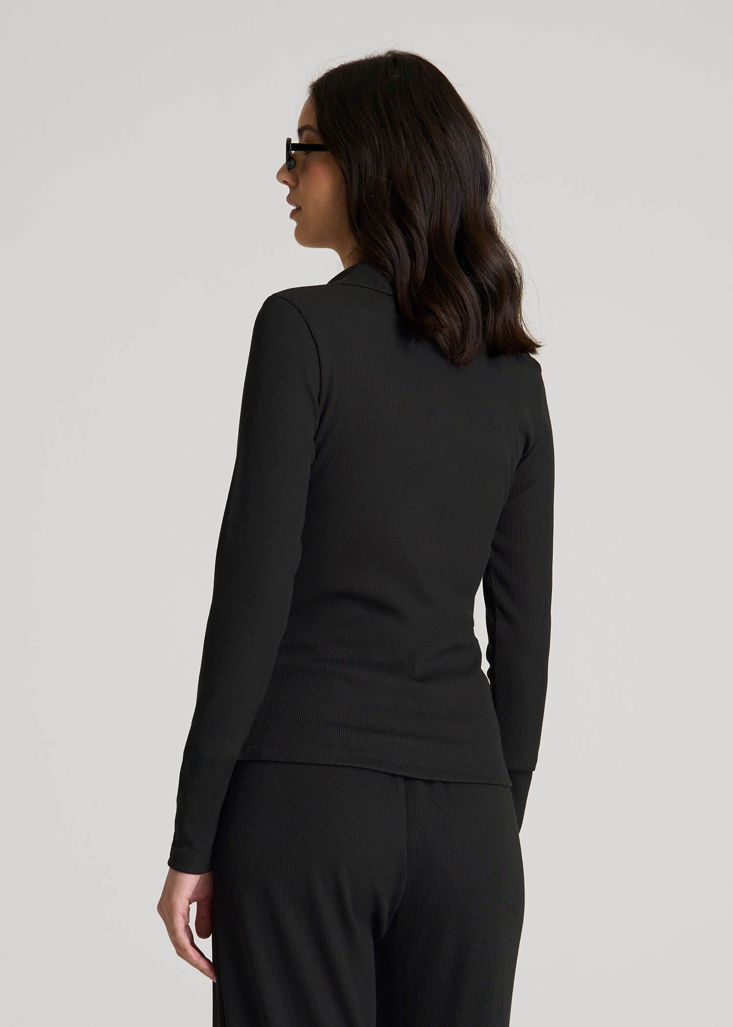 American Tall For Sale | Ribbed Knit Long Sleeve Polo for Tall Women in Deep Black