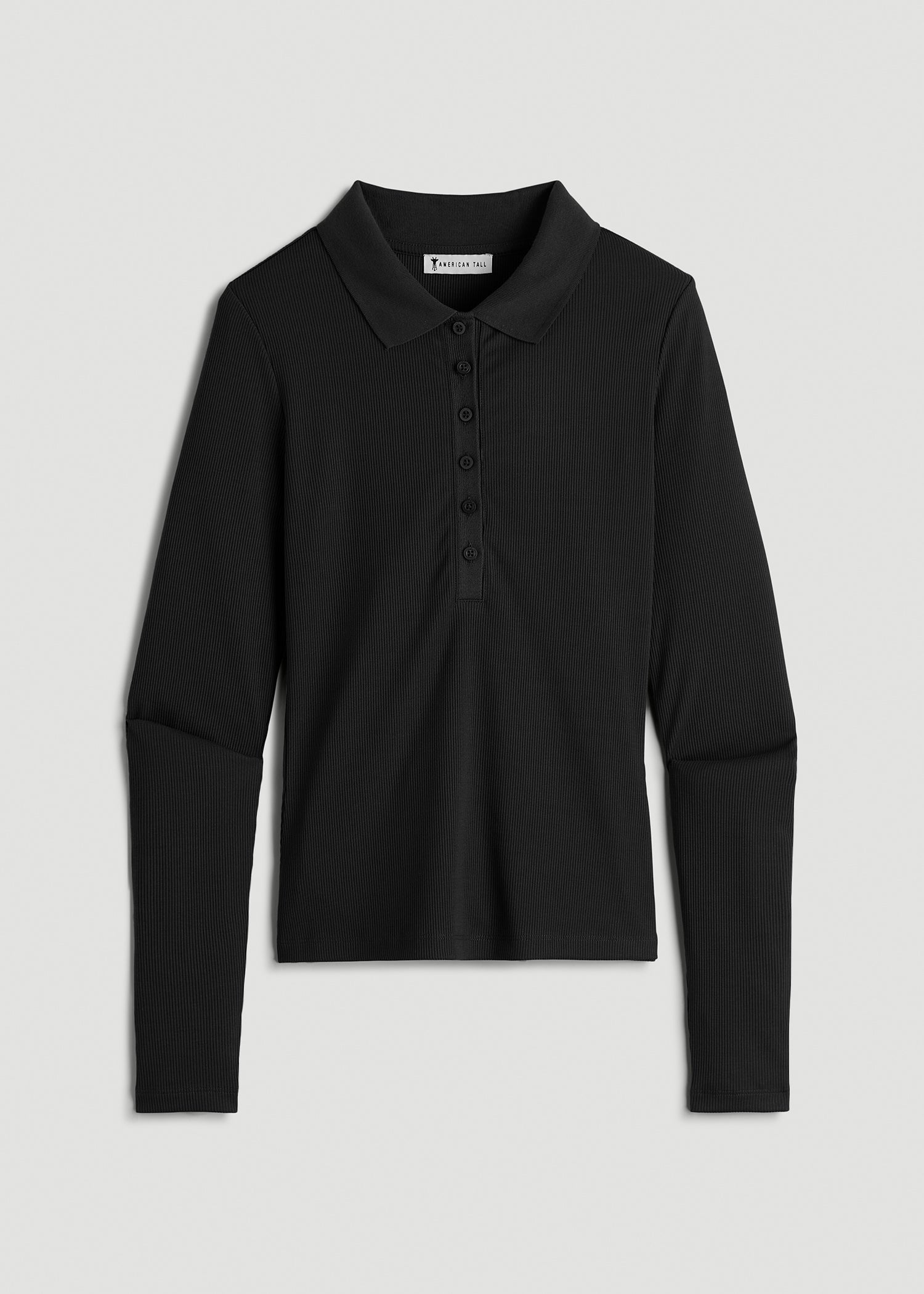 American Tall For Sale | Ribbed Knit Long Sleeve Polo for Tall Women in Deep Black