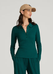 American Tall Online Shop | Ribbed Knit Long Sleeve Polo for Tall Women in Deep Teal