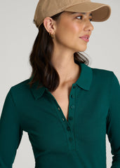American Tall Online Shop | Ribbed Knit Long Sleeve Polo for Tall Women in Deep Teal