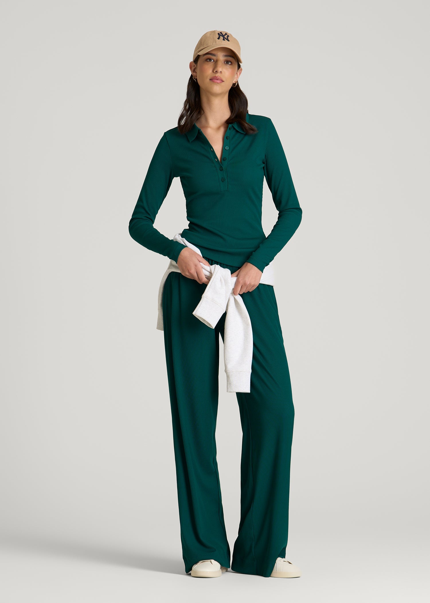 American Tall Online Shop | Ribbed Knit Long Sleeve Polo for Tall Women in Deep Teal