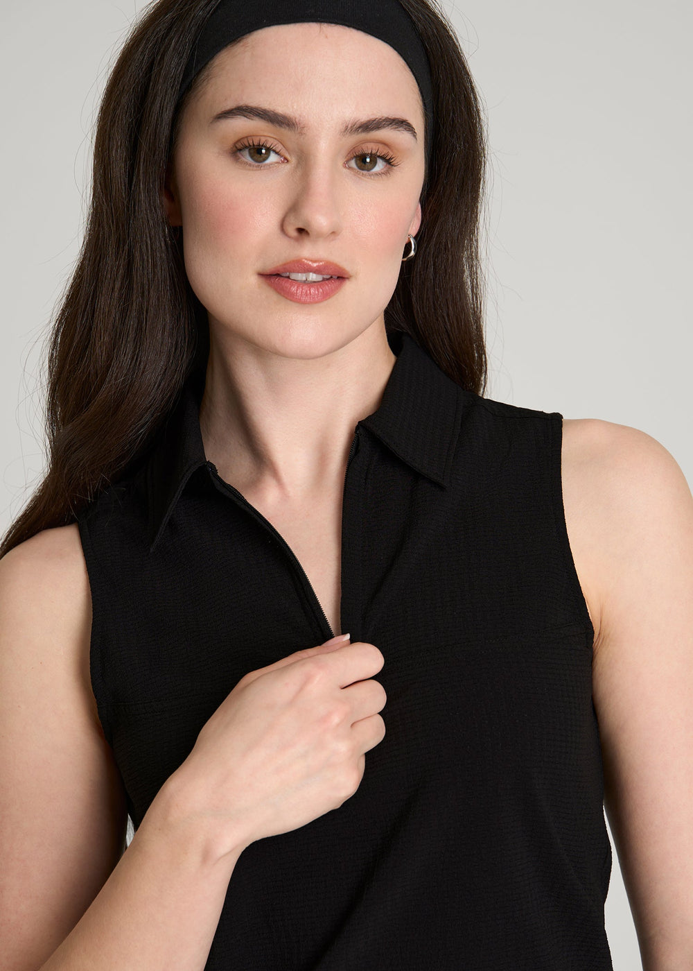 American Tall Discount | Coastal Perforated Sleeveless Polo for Tall Women in Black