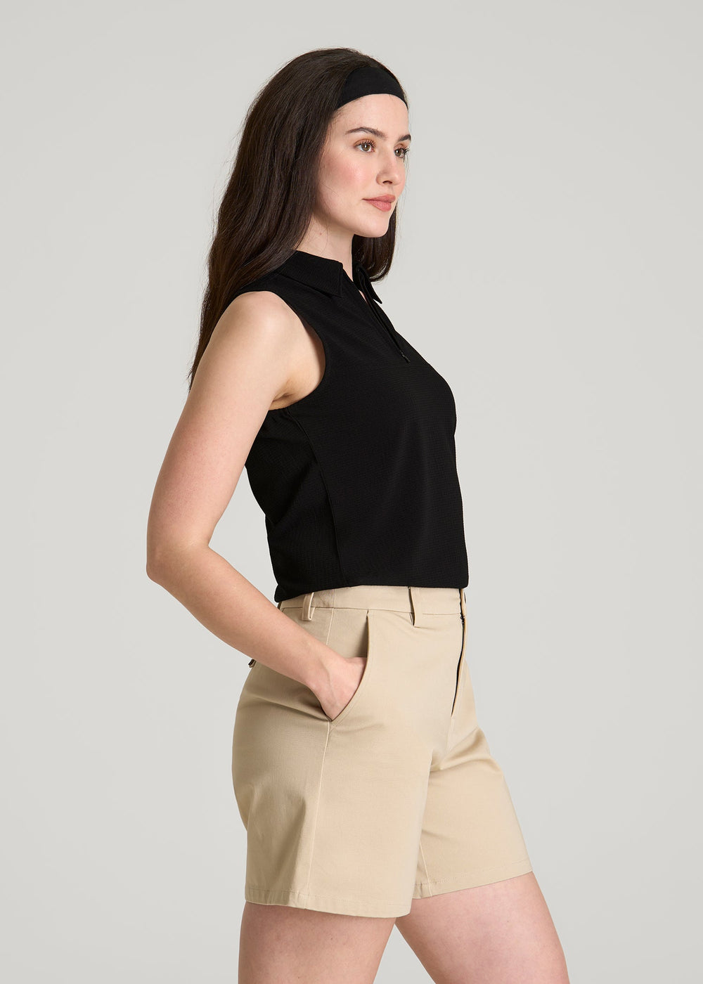 American Tall Discount | Coastal Perforated Sleeveless Polo for Tall Women in Black