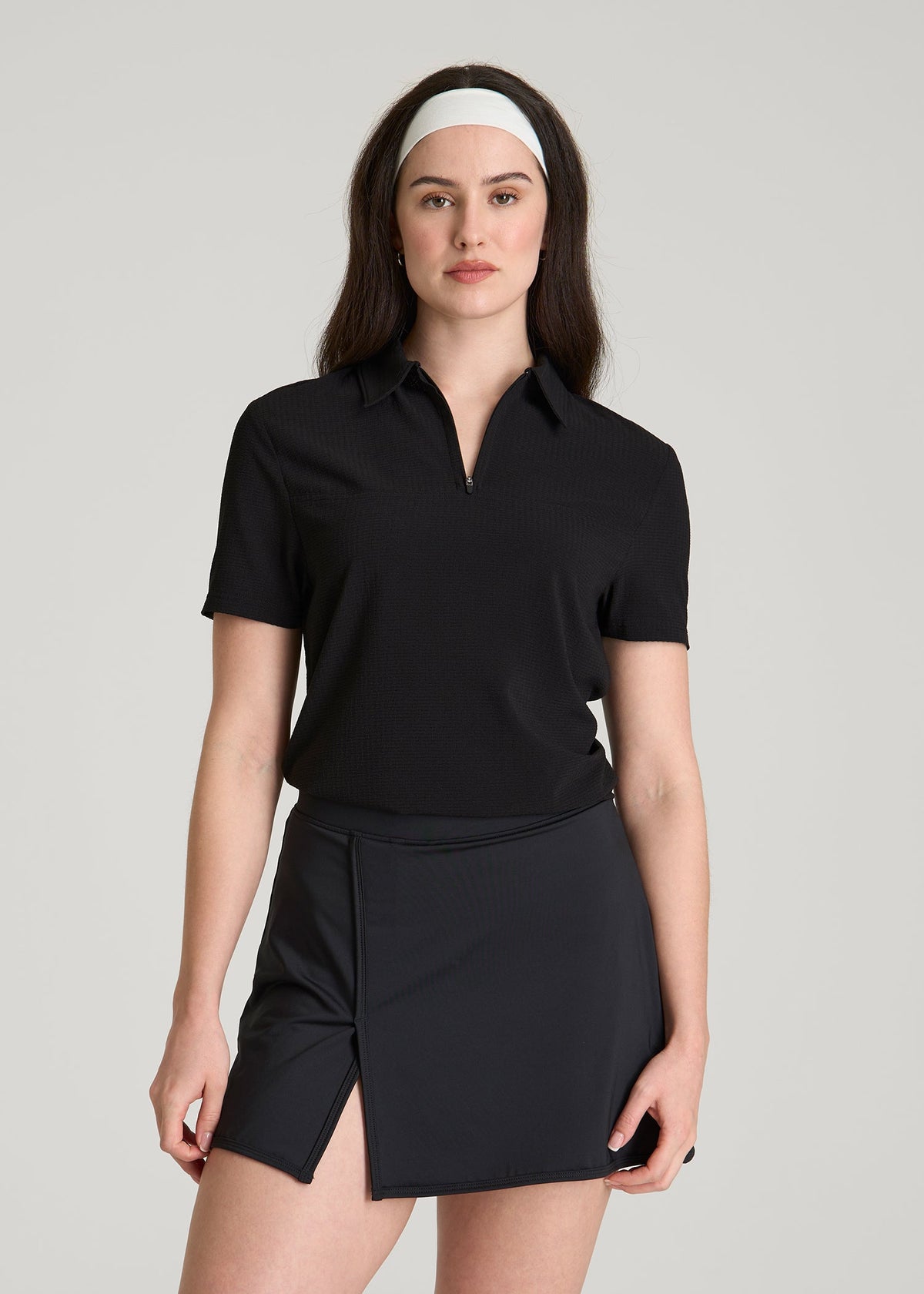 American Tall Outlet | Coastal perforated short sleeve golf polo for Tall Women in Black